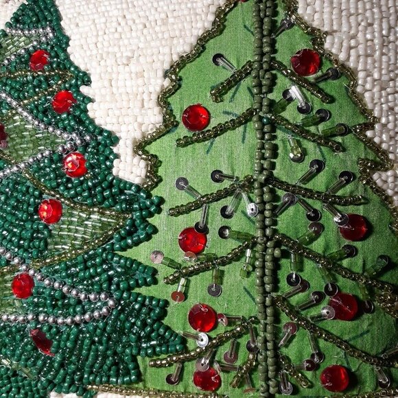 White Beaded Green Decorated Christmas Trees Festive Holiday Pillow 12x12 - Picture 6 of 16